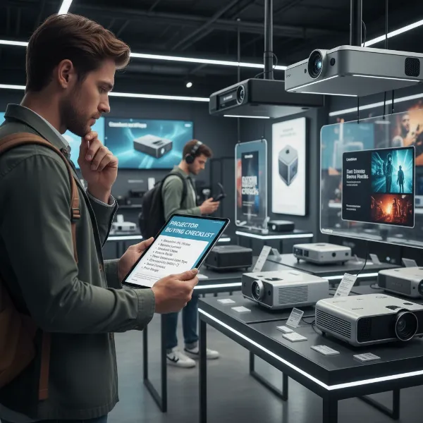 A person looking at a checklist or comparison chart on a tablet, with a projector setup in the background, symbolizing informed purchasing decisions.