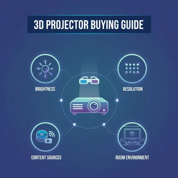 Infographic elements illustrating key factors to consider when buying a 3D projector, such as lumens, resolution, and content sources.