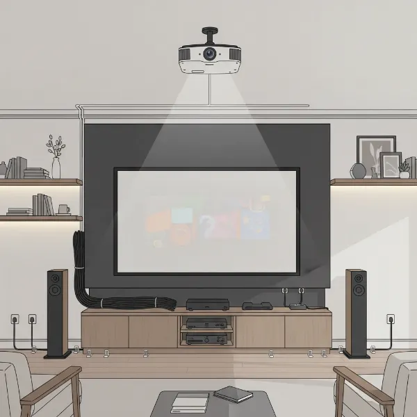 Various cable management solutions for projectors, including raceways, sleeves, and clips, illustrating a clean setup.