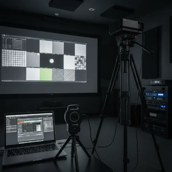 Essential tools for projector calibration, including a colorimeter, tripod, and laptop with calibration software