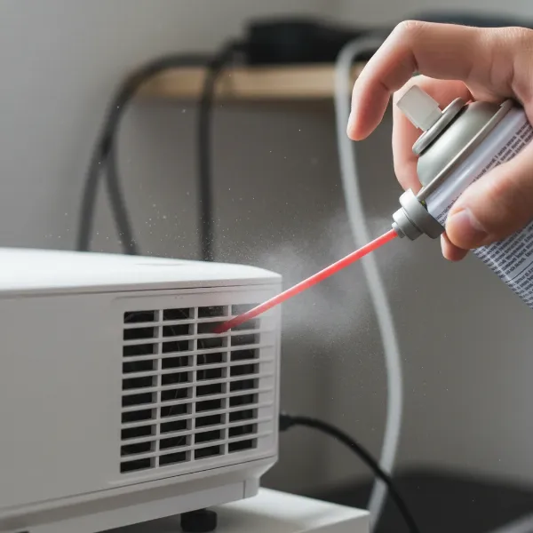 A person cleaning projector vents with compressed air, illustrating proper maintenance
