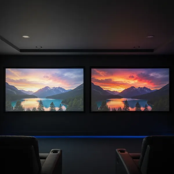 Comparison of a projector image with high white brightness but low color brightness versus one with balanced color and white brightness.