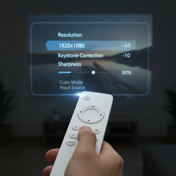 A user adjusting digital settings on a projector menu, with icons for resolution, keystone, and sharpness visible.