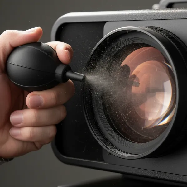 Person using a manual lens blower on a projector lens, removing dust carefully
