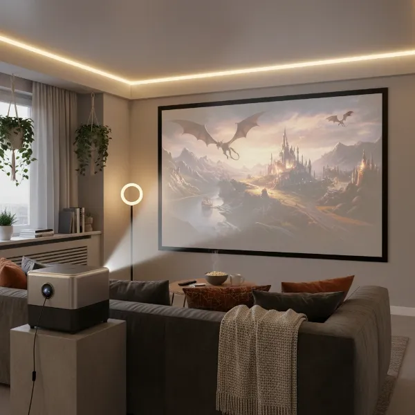 A modern, compact projector casting a vibrant movie scene onto a large screen in a small, stylish apartment living room at night.