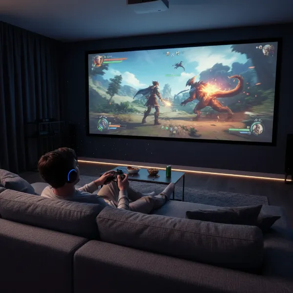 A gamer excitedly playing a video game on a massive projected screen with VRR active, showing smooth graphics and high immersion.