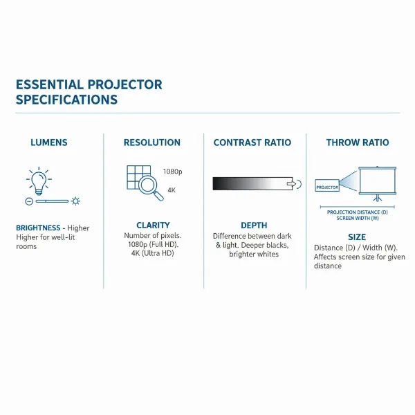 An infographic visually representing key projector specifications like lumens, resolution, contrast ratio, and throw ratio.