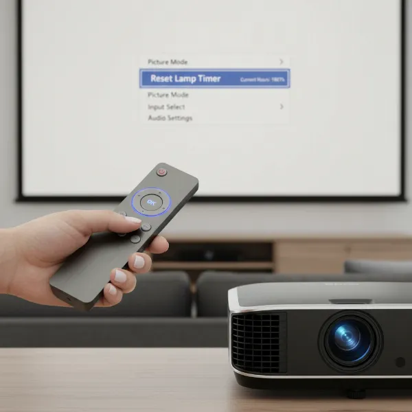 A person navigating a projector's on-screen menu to reset the lamp timer, with a remote control in hand. Modern, clean setup.
