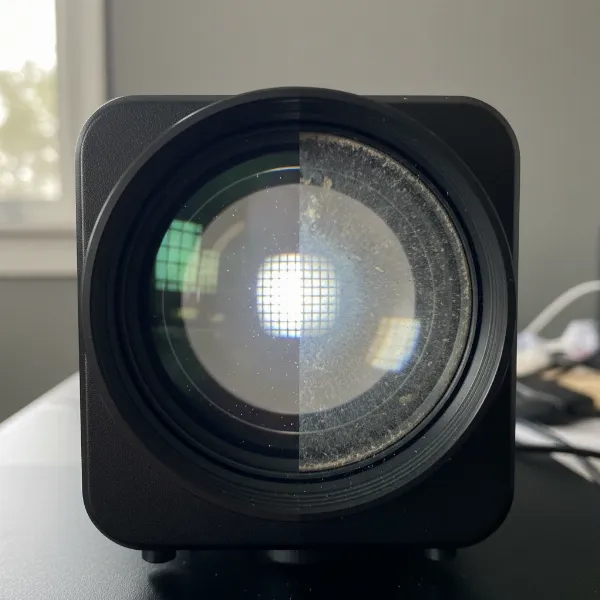 Close-up of a projector lens, half clean and half blurry with dust, illustrating the difference a clean lens makes