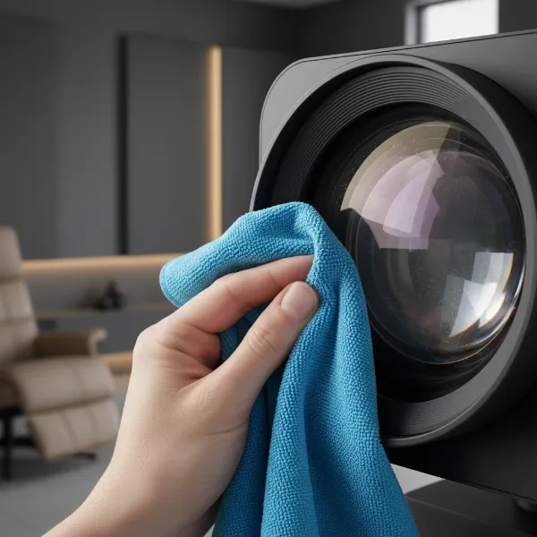 A hand gently cleaning a projector lens with a soft microfiber cloth, emphasizing clear optics and maintenance.