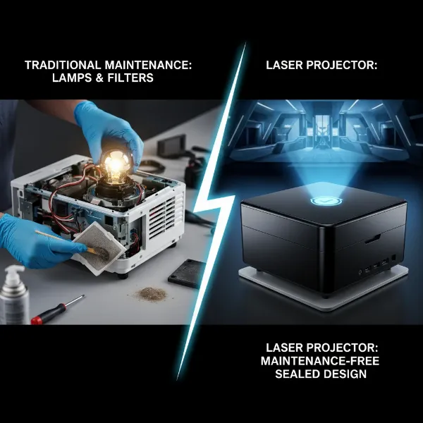 A visual representation of maintenance differences between lamp and laser projectors, showing a lamp replacement vs. a maintenance-free laser system.