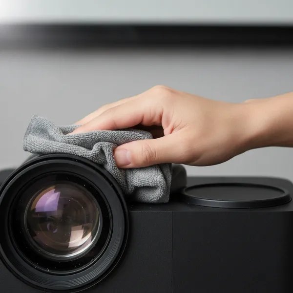A person cleaning a projector lens with a microfiber cloth, emphasizing proper care and maintenance practices for longevity and clear images.