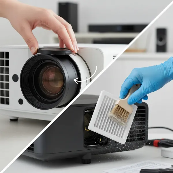 A person placing a lens cap on a projector and wiping a filter, illustrating proactive maintenance