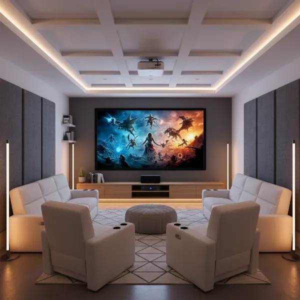 A projector ceiling mounted above a sofa, projecting a bright image onto a large screen in a modern living room.