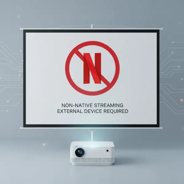 Projector screen displaying a "No Netflix" symbol, illustrating the common issue of unsupported streaming