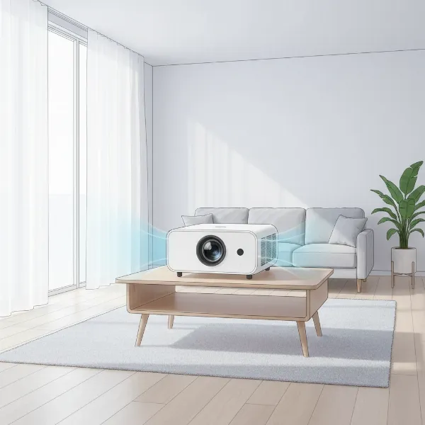 An illustration of a projector in an ideal room setup with good airflow and ventilation