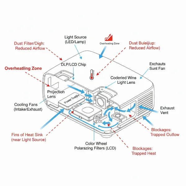 Diagram illustrating projector airflow and potential blockage points causing overheating