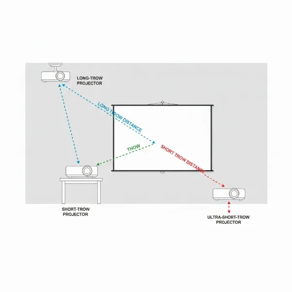 Diagram illustrating various projector placement options (ceiling, table, UST) relative to a screen, highlighting different throw distances.