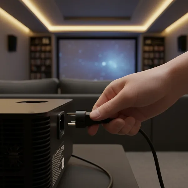 An image of a hand checking a projector's power cable connection at the rear of the device, emphasizing secure fit and stability.