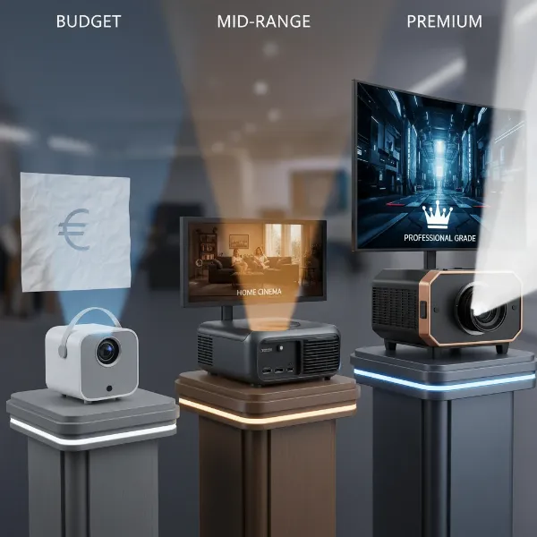 A visual representation of projectors across budget, mid-range, and premium segments, perhaps showing diverse designs or user scenarios.