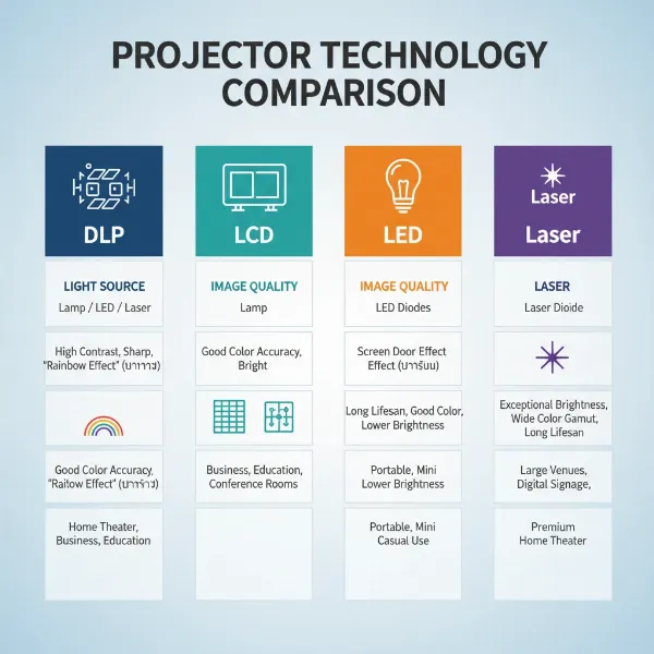 Different types of projectors like DLP, LCD, LED, and Laser compared in a visual diagram with their unique characteristics.
