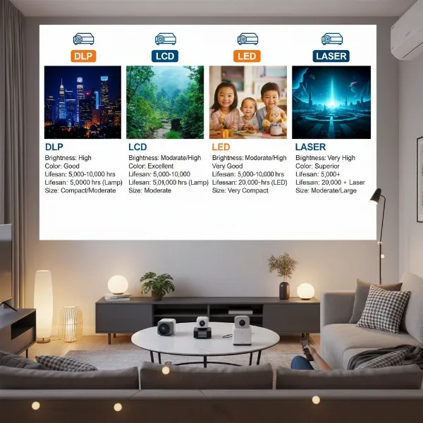 A graphic comparing the visual differences and key features of DLP, LCD, LED, and Laser projectors in a small apartment setting.