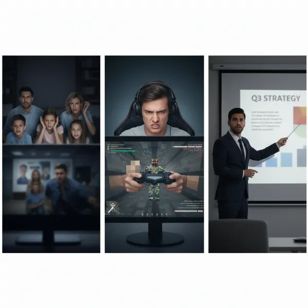 people watching blurry movie, playing pixelated game, reading unclear presentation