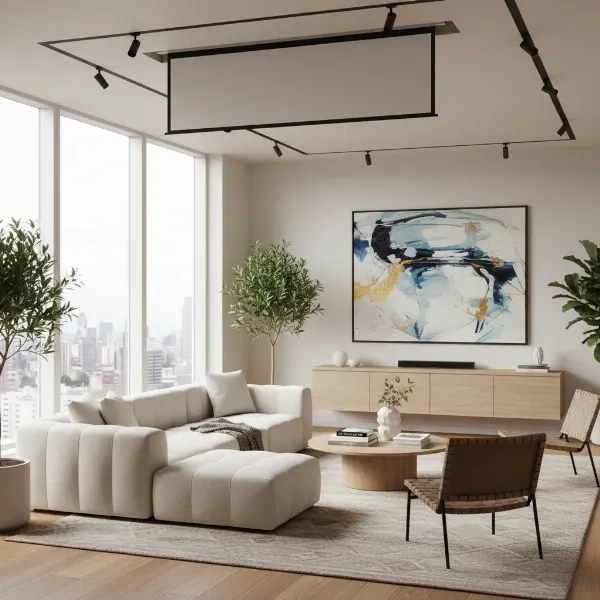 A modern living room with a pull-down projector screen fully retracted and hidden in the ceiling, showcasing the clean aesthetic of a multi-purpose space.