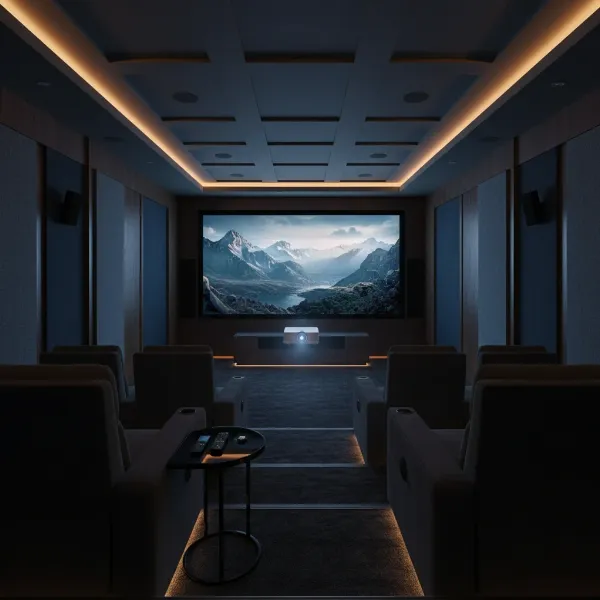A quiet projector seamlessly integrated into a luxurious home theater setup, projecting a vibrant film.