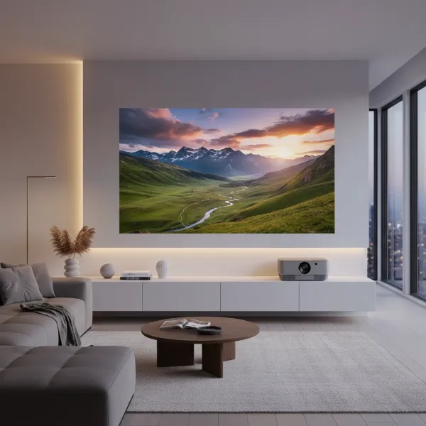 Samsung The Premiere ultra-short throw projector seamlessly integrated into a modern living room setup.