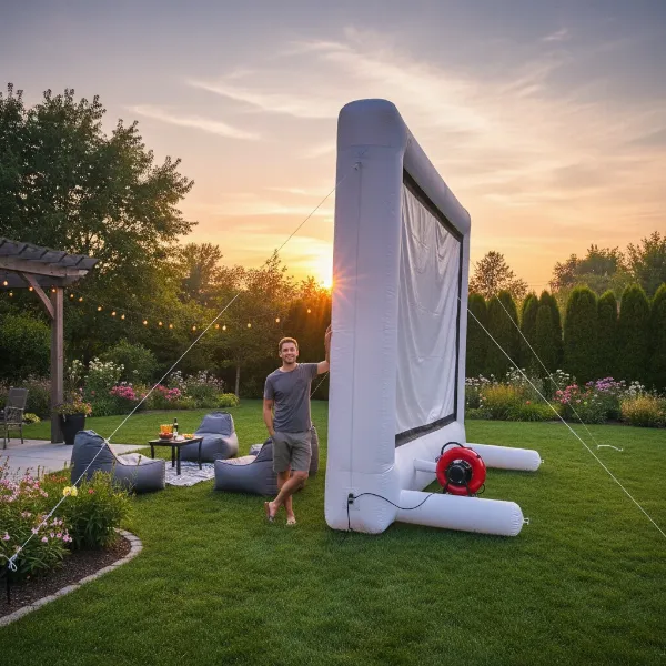 Person easily setting up an inflatable movie screen in a backyard at dusk, highlighting quick inflation.