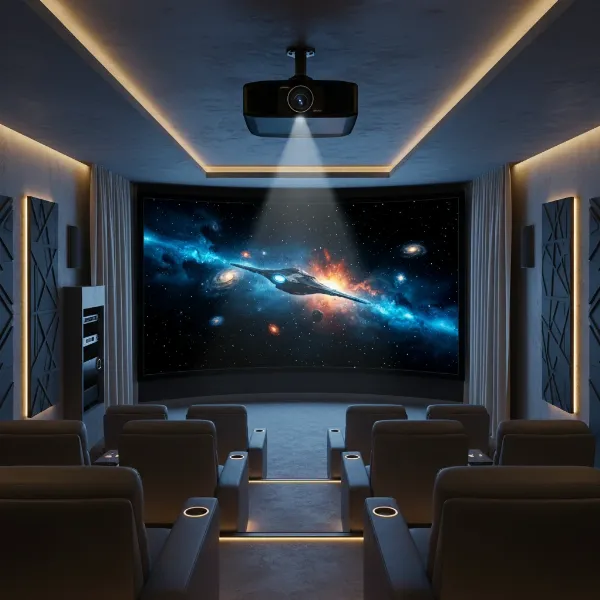 Sony VPL-XW5000ES projector integrated into a modern home theater setup, projecting a vibrant 4K image onto a large screen, emphasizing its role in immersive entertainment.