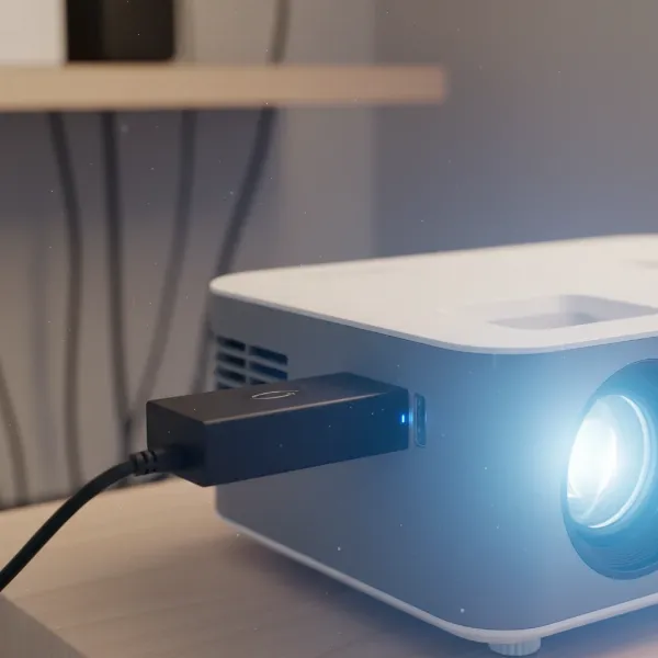 An Amazon Fire TV Stick or Roku streaming device plugged into a projector's HDMI port, demonstrating a common connection method