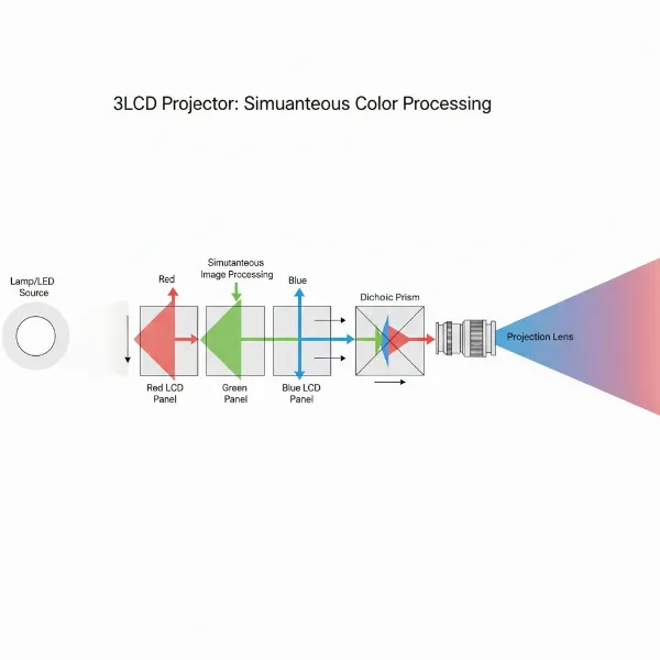 Diagram depicting a 3LCD projector's mechanism, separating light into RGB and recombining them.