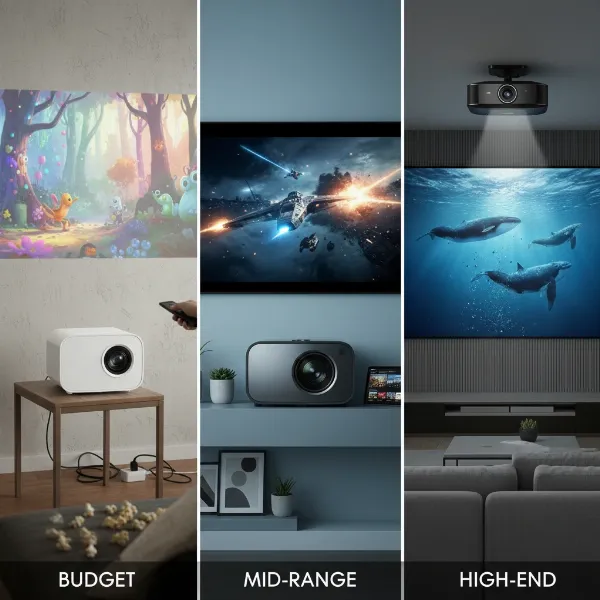 A collage of three different types of projectors (budget, mid-range, high-end) suitable for small apartments, showcasing their compact designs and projecting vibrant movie scenes.