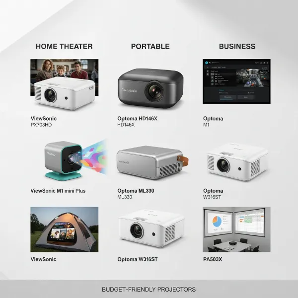 A collage showcasing top-rated budget projectors from ViewSonic and Optoma.