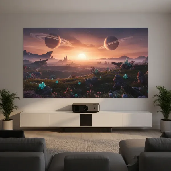 An ultra-short-throw projector placed near a wall, projecting a large 4K image.