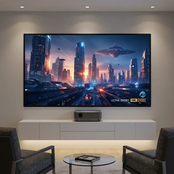 Ultra-short throw projector casting a large image on a wall from a very close distance.
