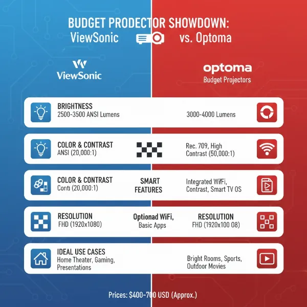 A side-by-side comparison illustrating the key differences between ViewSonic and Optoma projectors, focusing on budget models.