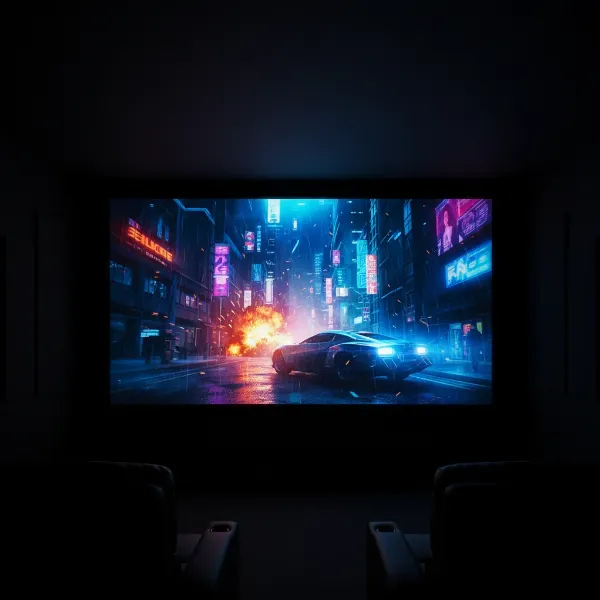 A bright, vibrant image projected onto a white screen in a completely dark home theater.